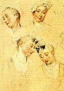 WATTEAU, Antoine fyra huvudstudier av ung kvinna oil painting on canvas